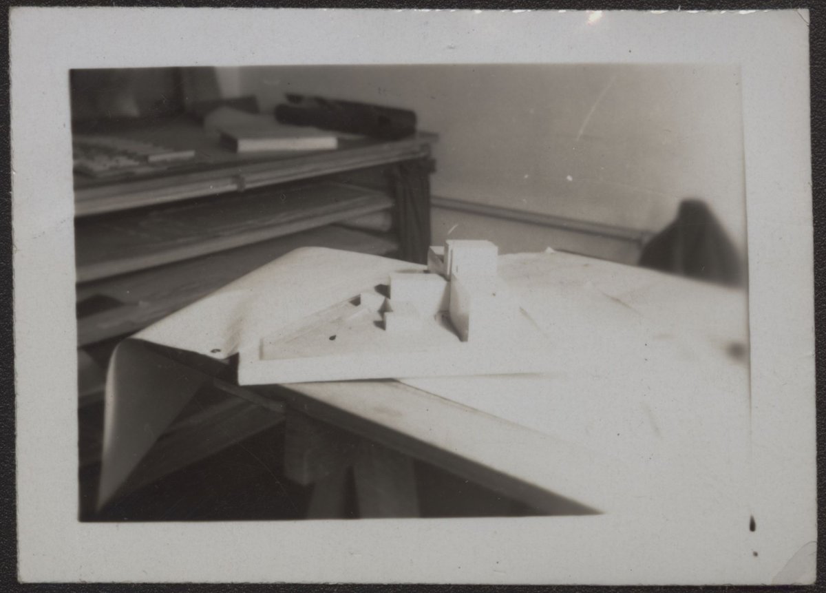 Architectural scale models of the Melbourne Dental Hospital resting on a trestle table (1940–54)