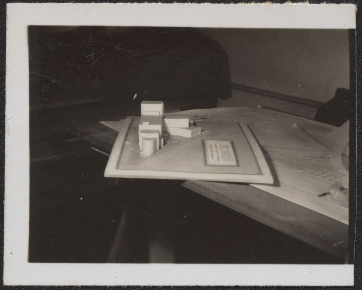 Architectural scale models of the Melbourne Dental Hospital resting on a trestle table (1940–54)