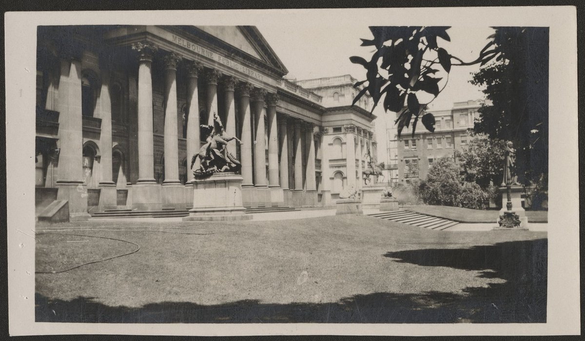 View of the portico of the Melbourne Public Library, looking south, Melbourne City (1924)