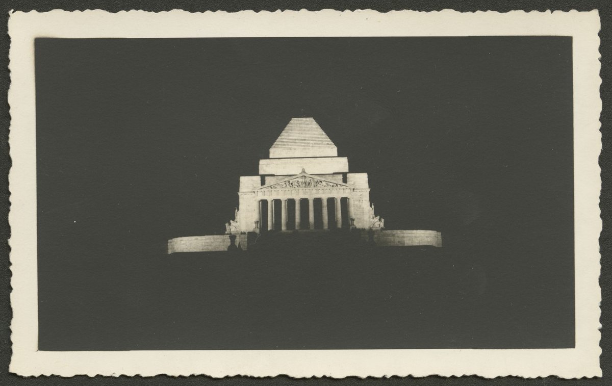 Night photographs of a floodlit Shrine of Remembrance, Melbourne, Melbourne City (1930–50)