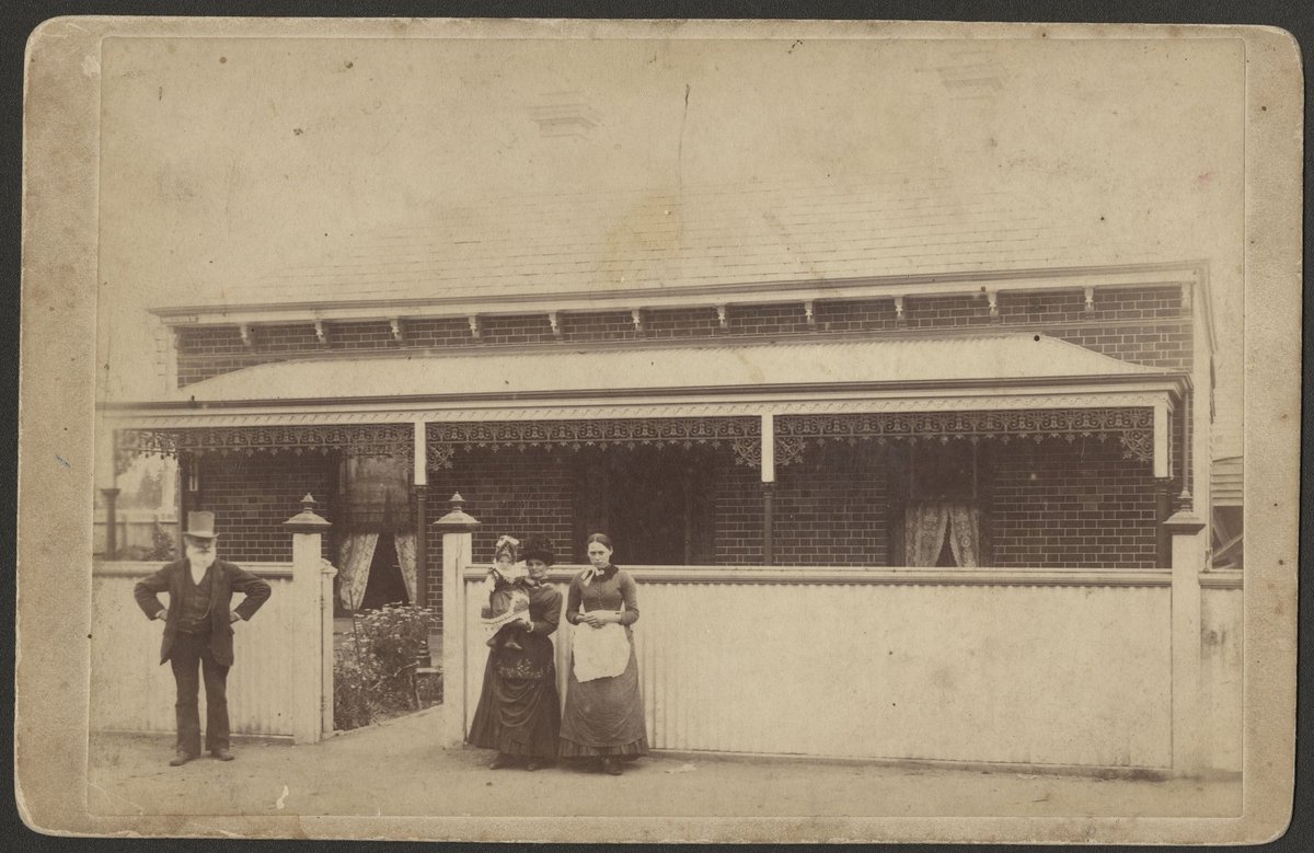 John W. Deering and his daughters in law, outside his Moonee Ponds home (1889)
