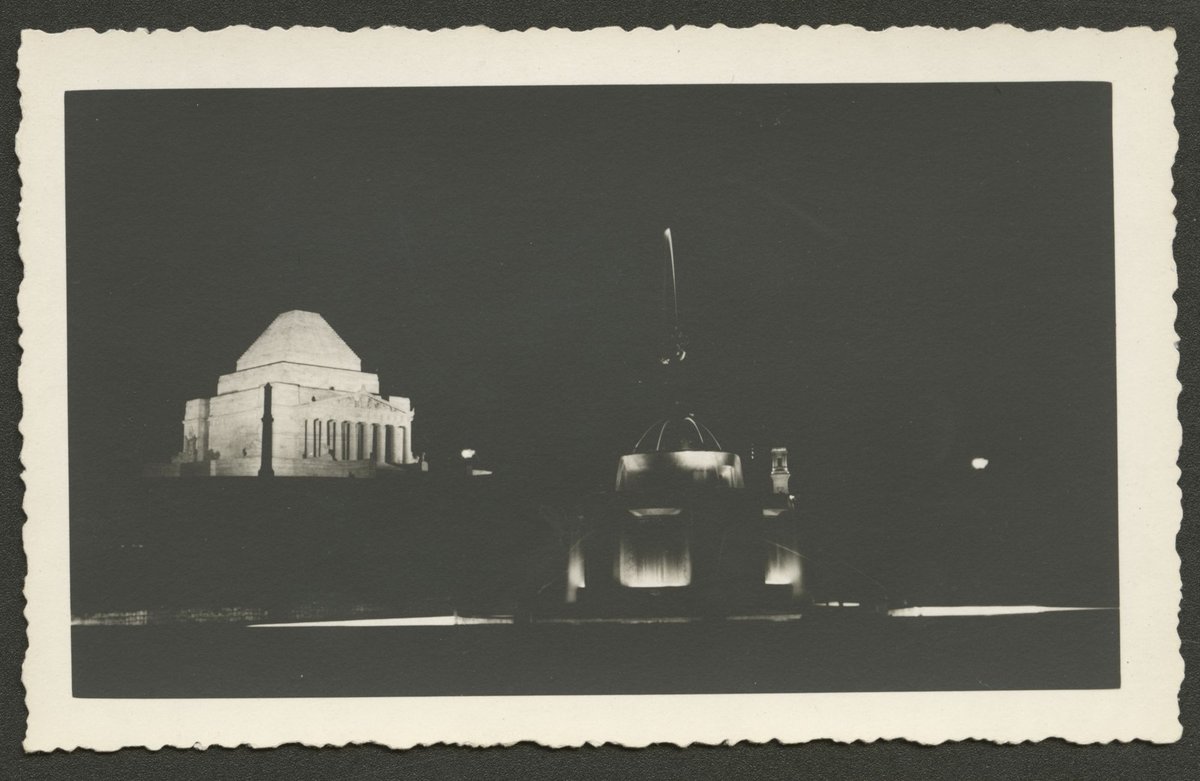 Night photographs of a floodlit Shrine of Remembrance, Melbourne, Melbourne City (1930–50)