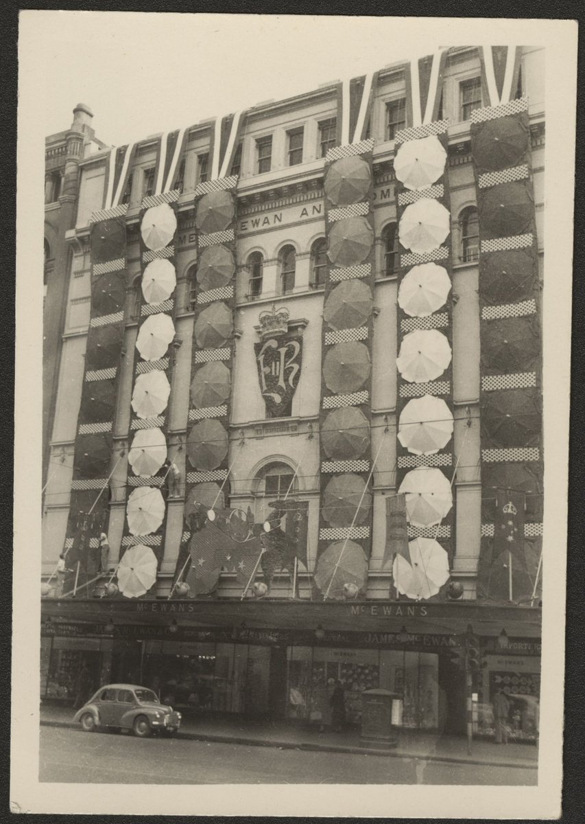 Decorated facade of James McEwan & Company store in , Bourke Street, Melbourne, Melbourne City (1954)