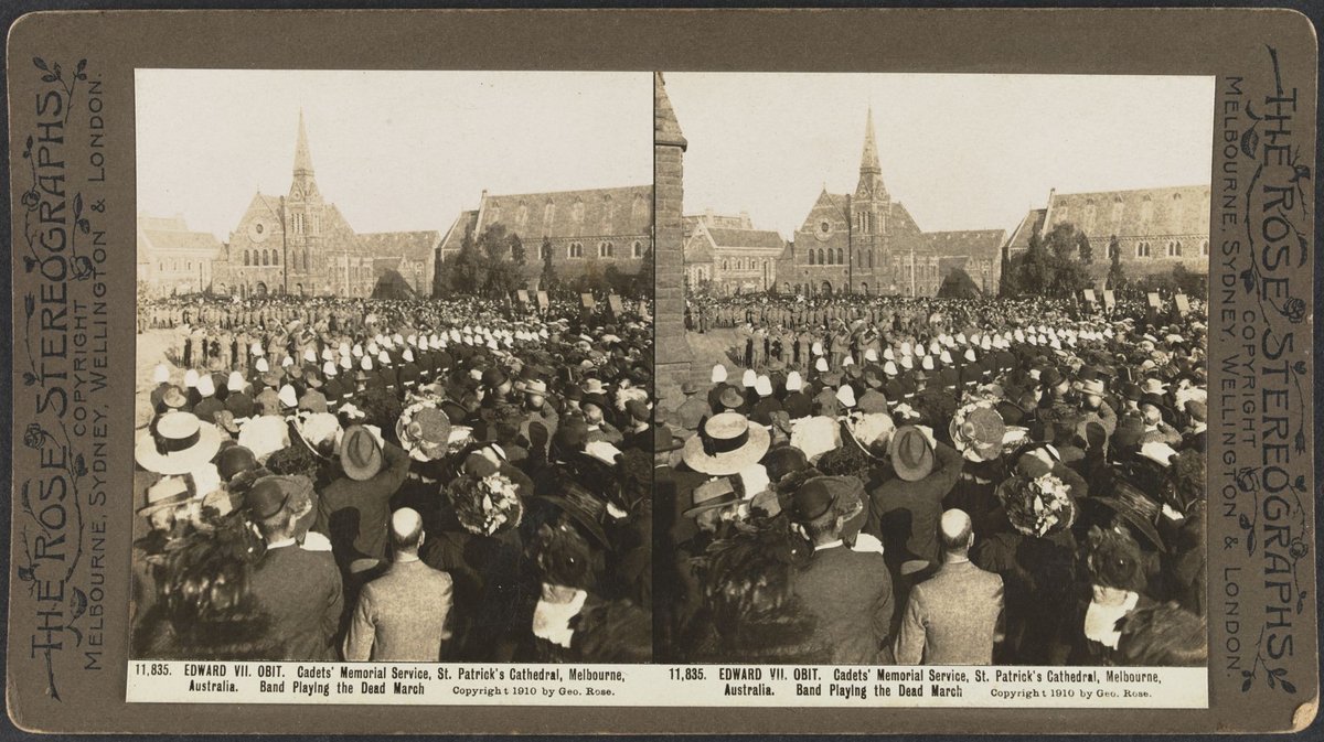 Edward VII obit. Cadets' memorial service, St. Patrick's Cathedral, Melbourne, Australia. Band playing the Dead March, East Melbourne (1910?)