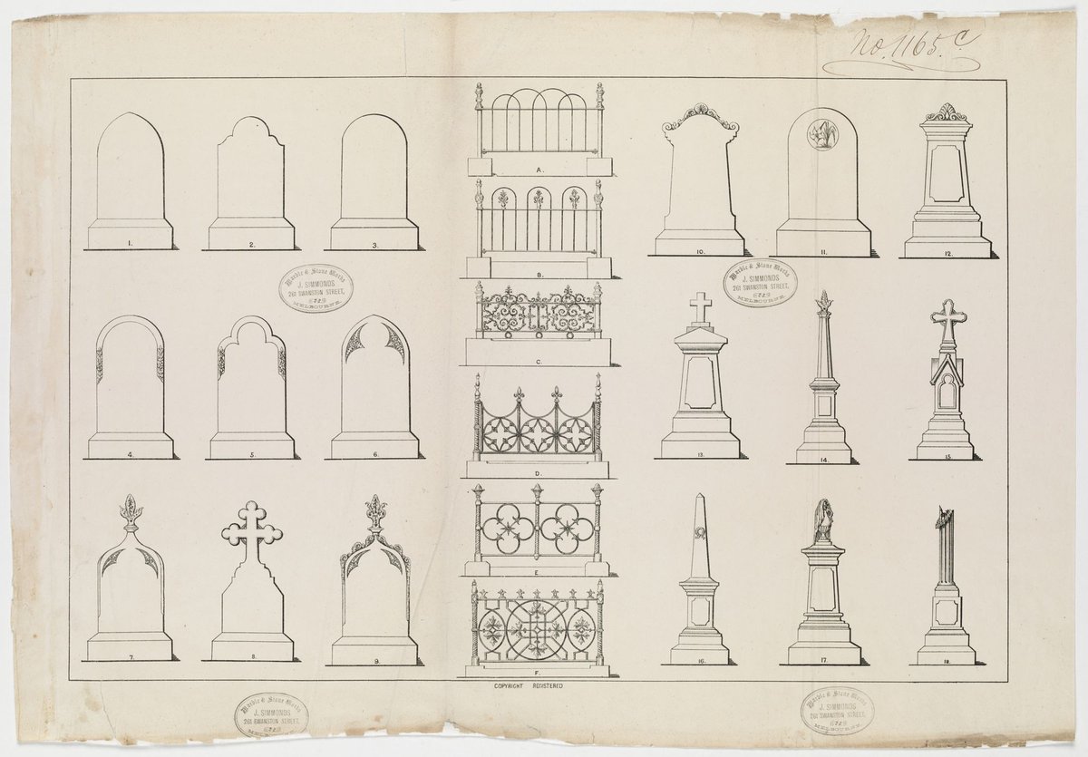 Designs for cemetery marble and stone works by J. Simmonds, Swanston Street, Melbourne, Melbourne City (1870s)