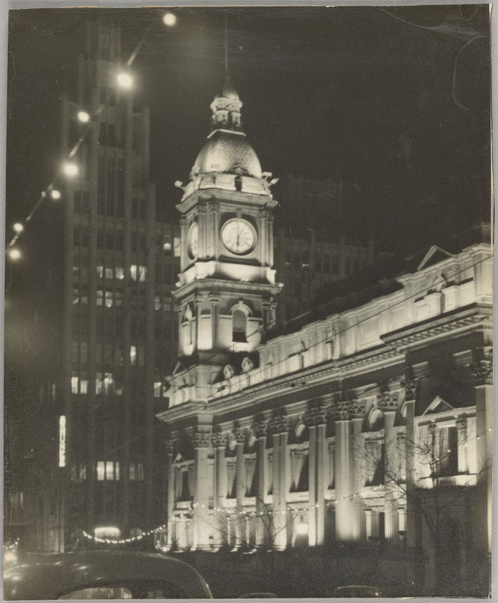 Melbourne Town Hall illuminated for the 1954 Royal visit, Melbourne City