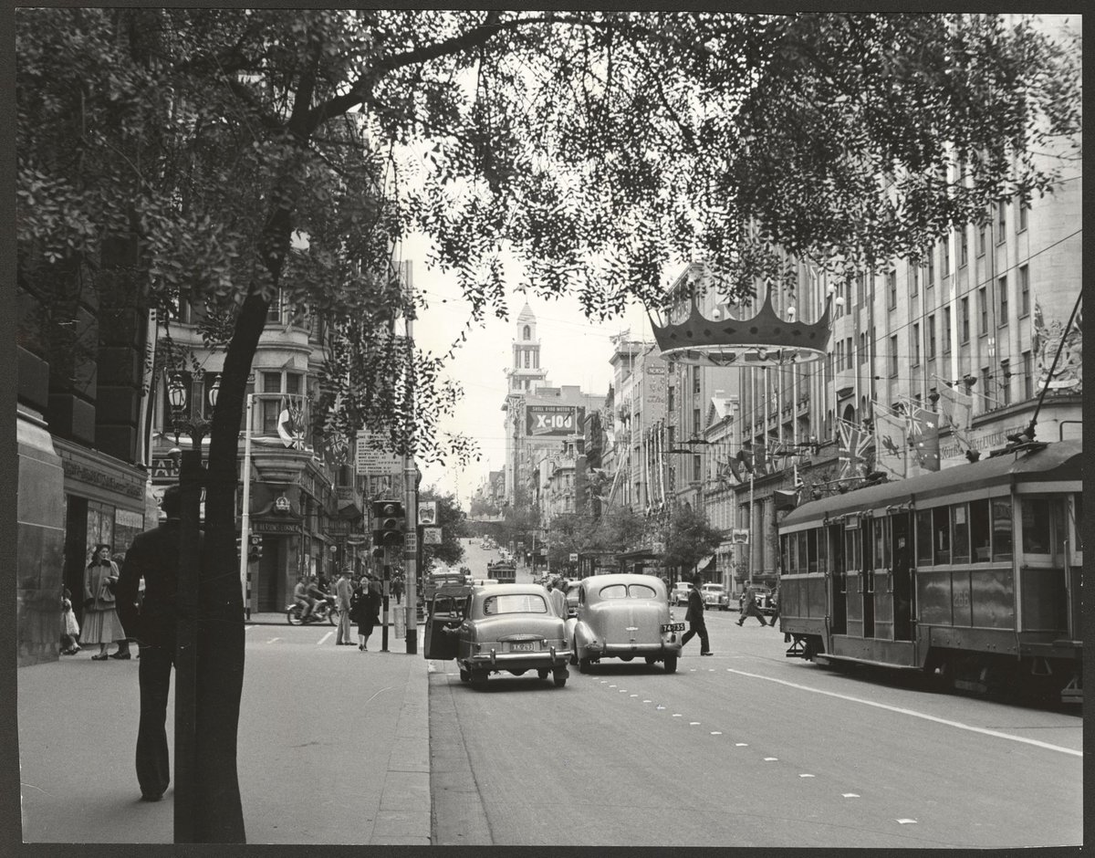 Collins Street, Melbourne, decorated for the 1954 Royal Tour by Queen Elizabeth and Prince Phillip, Melbourne City