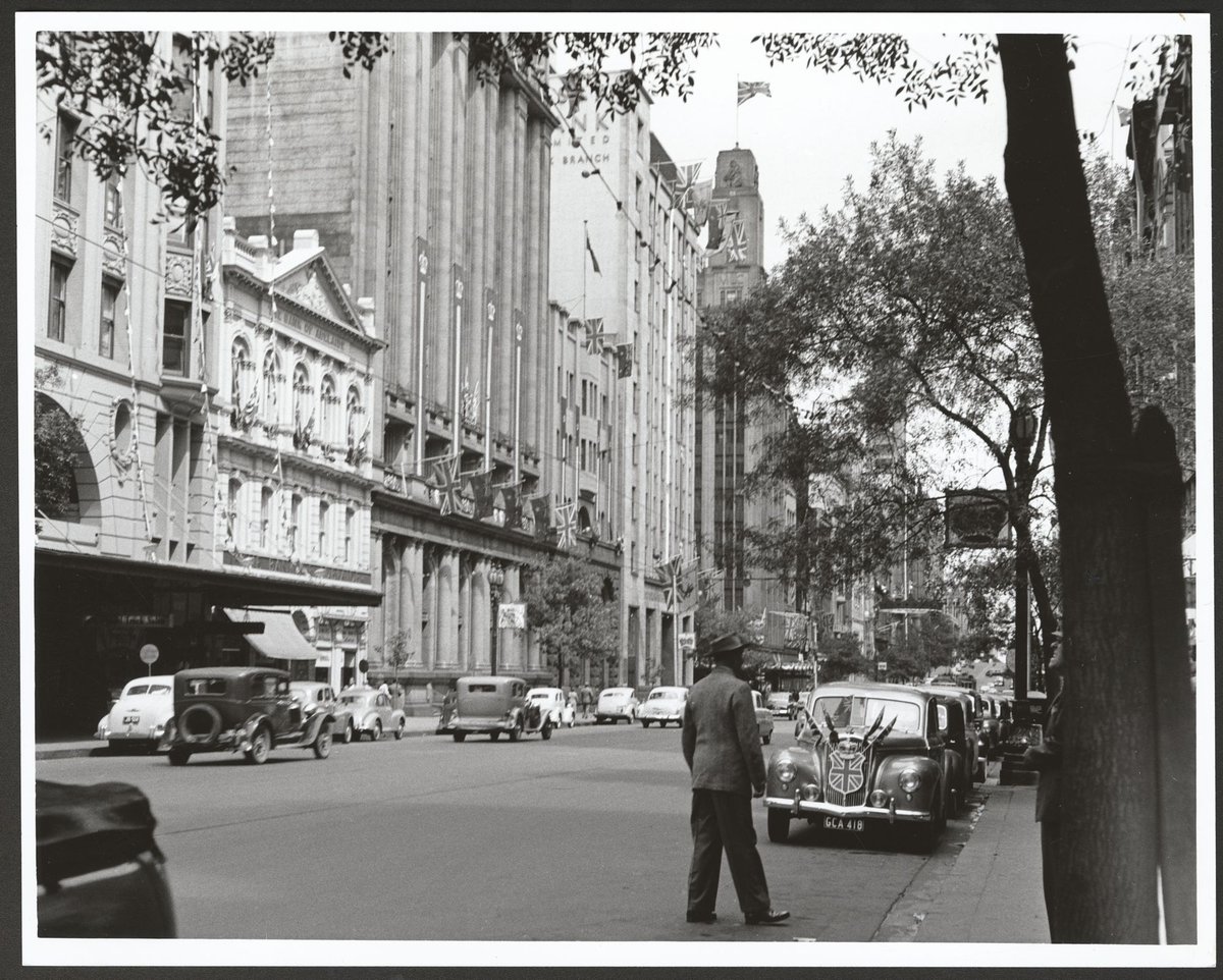 Collins Street, Melbourne, decorated for the 1954 Royal Tour by Queen Elizabeth and Prince Phillip, Melbourne City