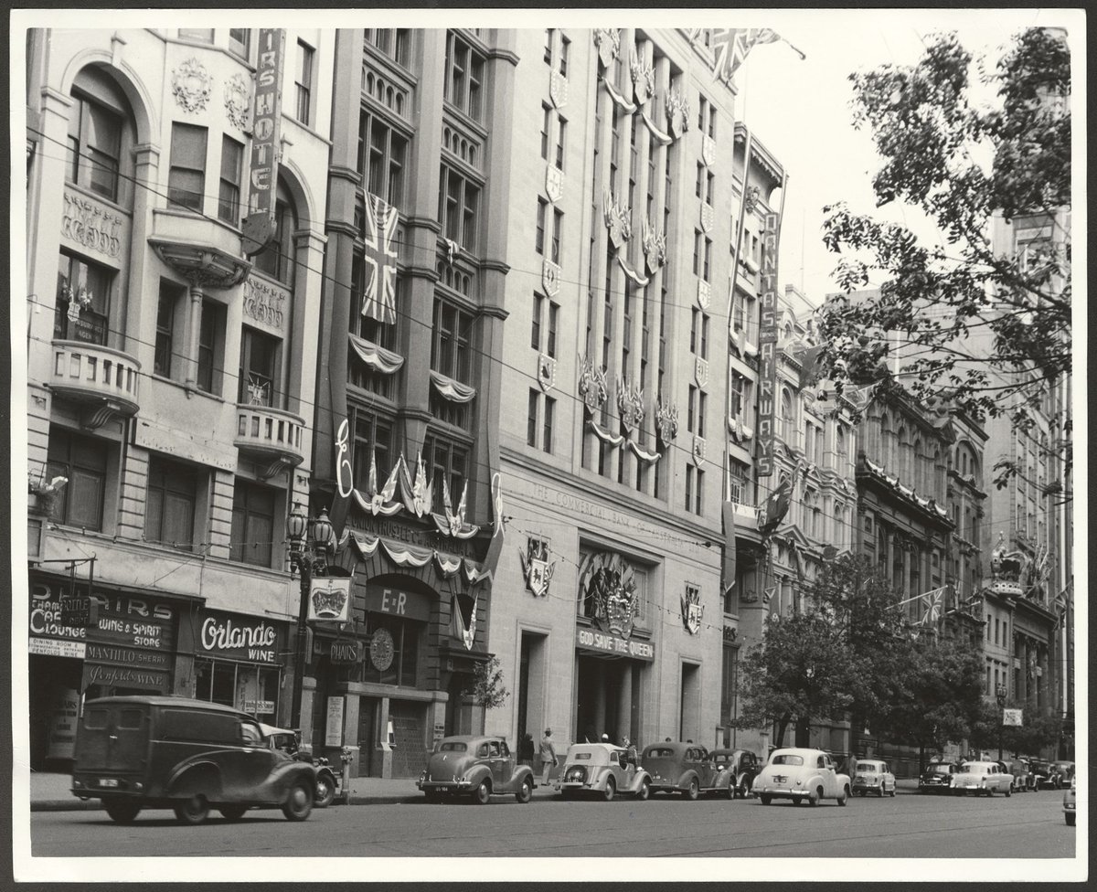 Collins Street buildings decorated for the 1954 Royal Tour by Queen Elizabeth and Prince Phillip, Melbourne City