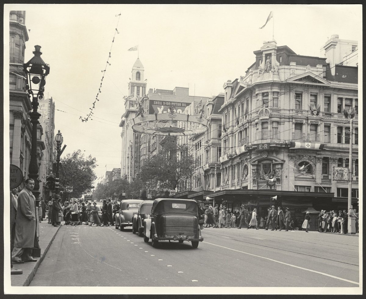 Collins Street, Melbourne, decorated for the 1954 Royal Tour by Queen Elizabeth and Prince Phillip, Melbourne City
