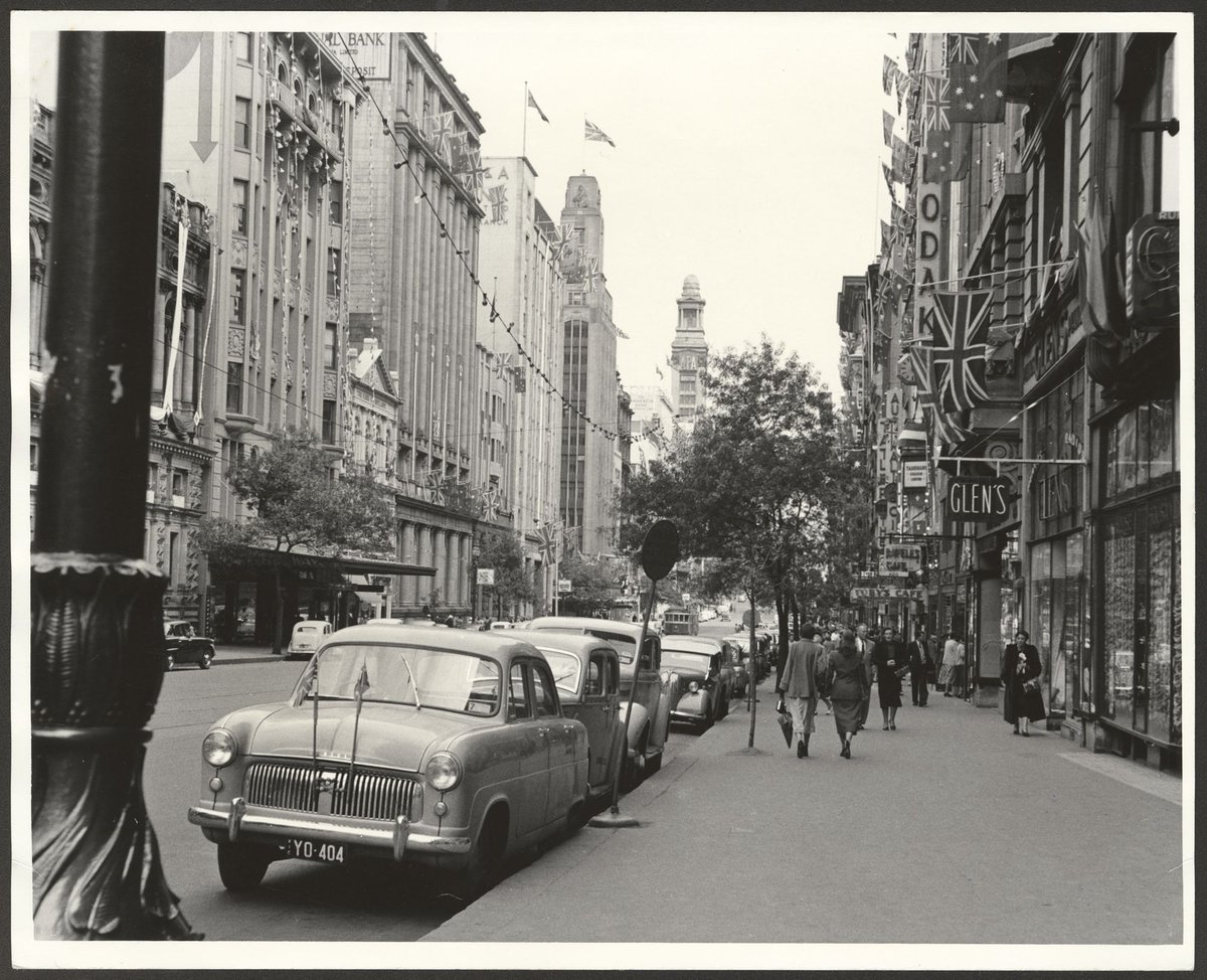Collins Street, Melbourne, decorated for the 1954 Royal Tour by Queen Elizabeth and Prince Phillip, Melbourne City