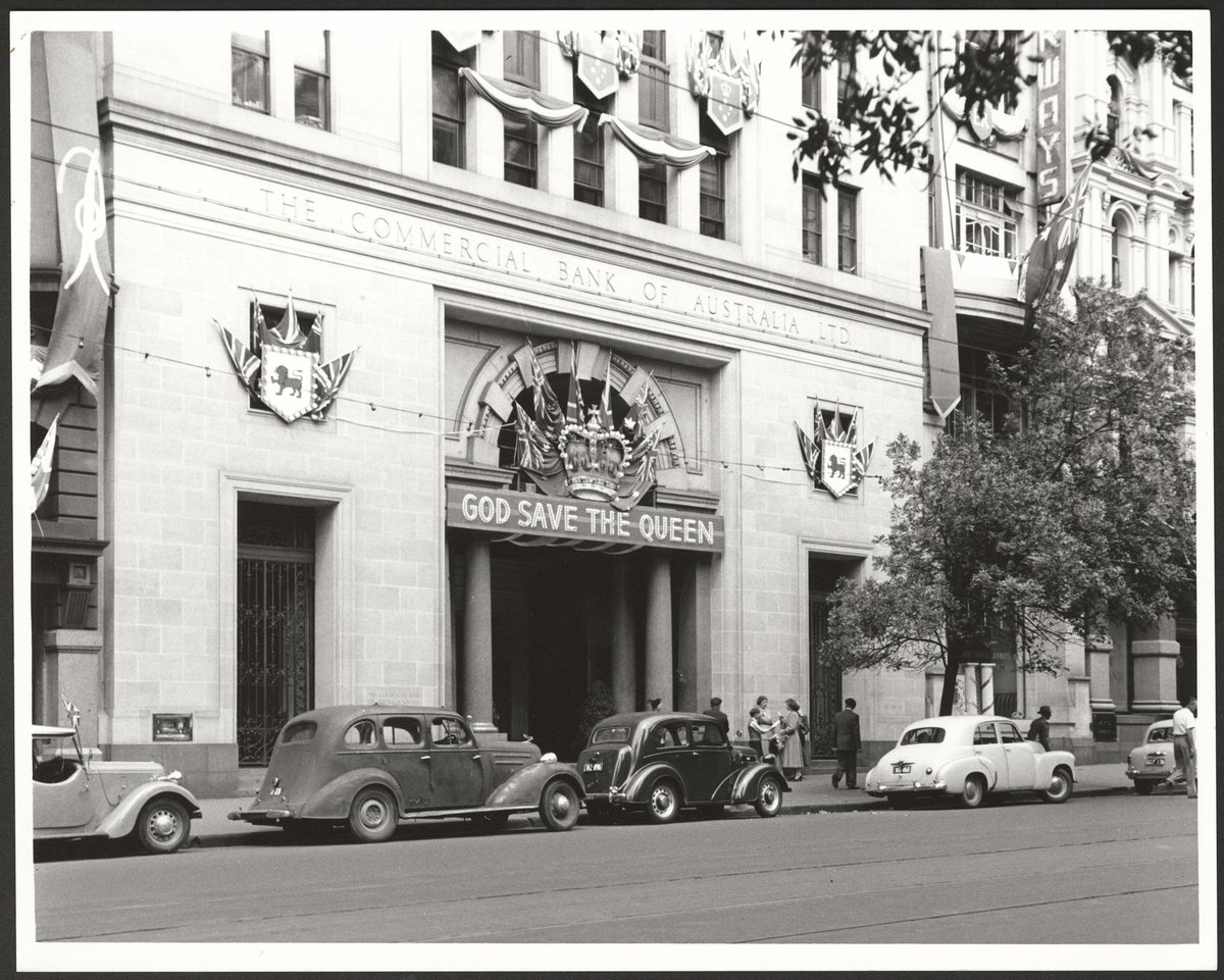 The Commercial Bank of Australia, Collins Street, Melbourne, decorated for the 1954 Royal Tour by Queen Elizabeth and Prince Phillip, Melbourne City