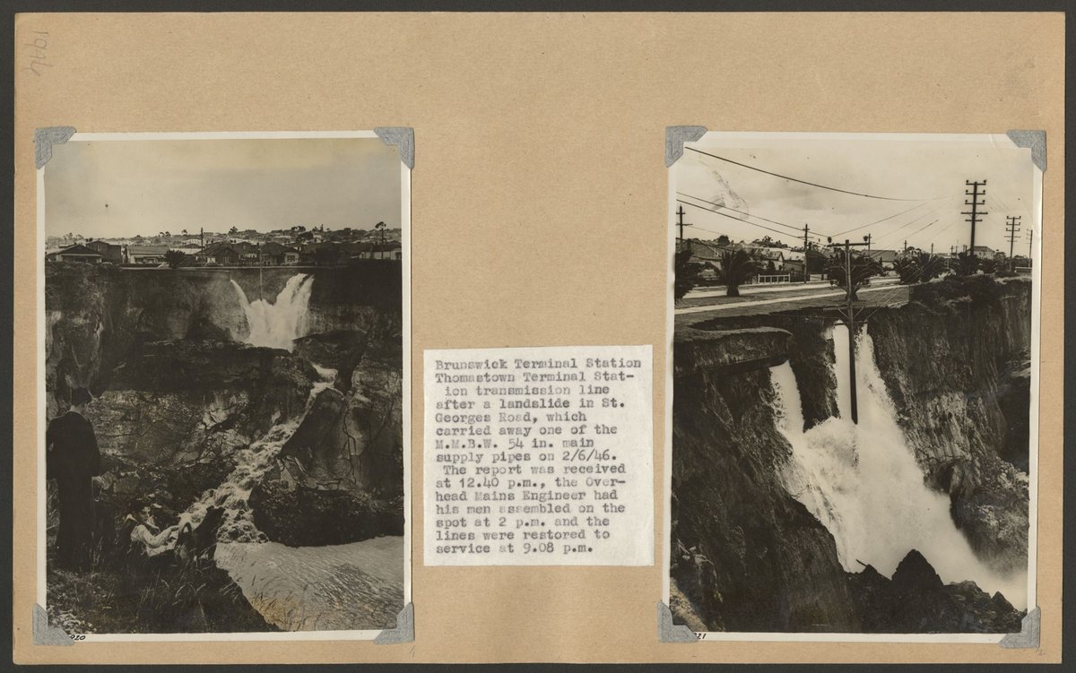 Brunswick Terminal Station and Thomastown Terminal Station transmission line after a landslide in St. Georges Road (1946)