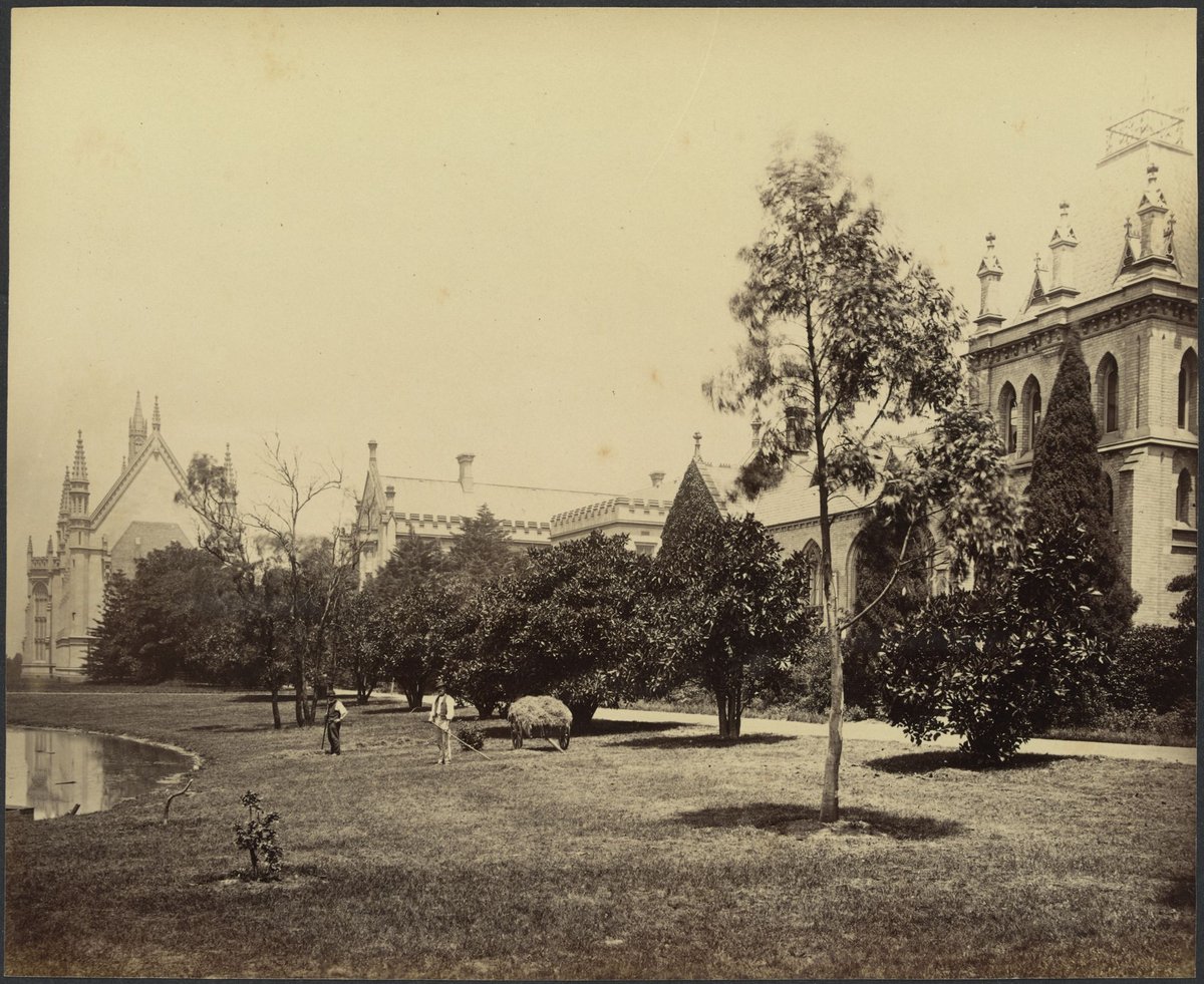 Wilson Hall, lake, grounds and other buildings of Melbourne University, Parkville (1888?)