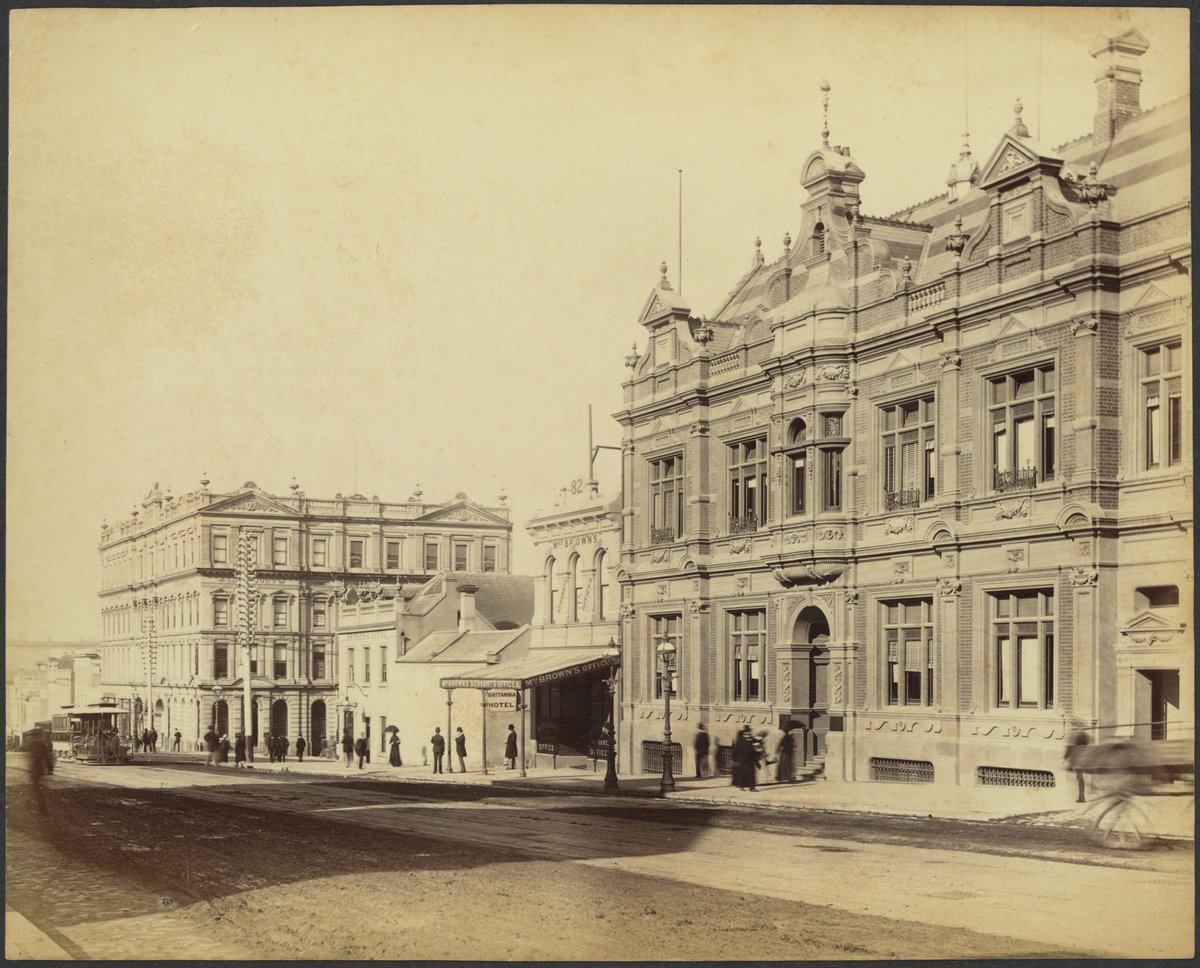 Bourke Street West, south side, near corner of Queen Street, showing Britannia Hotel and Salisbury buildings, Melbourne City (1888?)