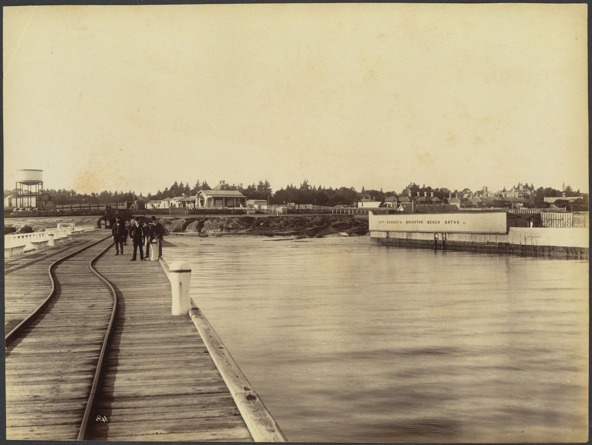 View from railway pier of Railway Station, Captain Kenny's Brighton Beach Baths and foreshore, Port Melbourne (1888?)