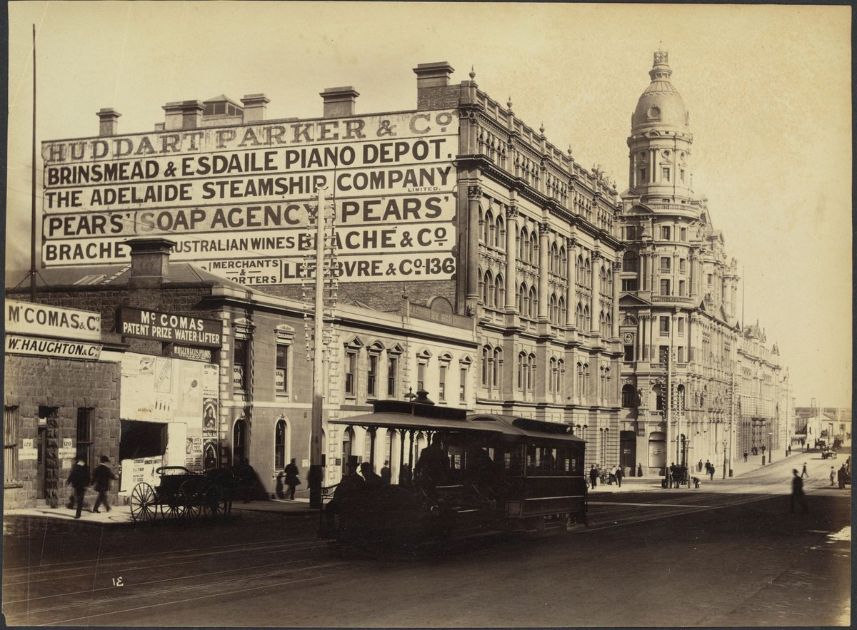 View of Collins Street West, south side, showing McComas & Co. and Huddart Parker & Co. and the Admiral Hotel on the King Street corner, Melbourne City (1888?)