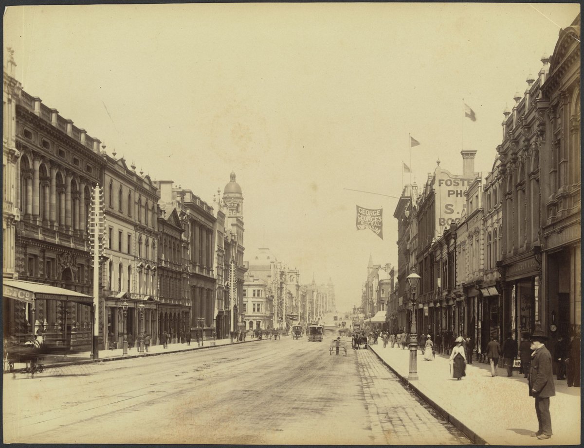 Collins Street East, showing George and George's Federal Emporium and Batchelder & Co., photographers at 41 Collins Street East, Melbourne City (1888?)
