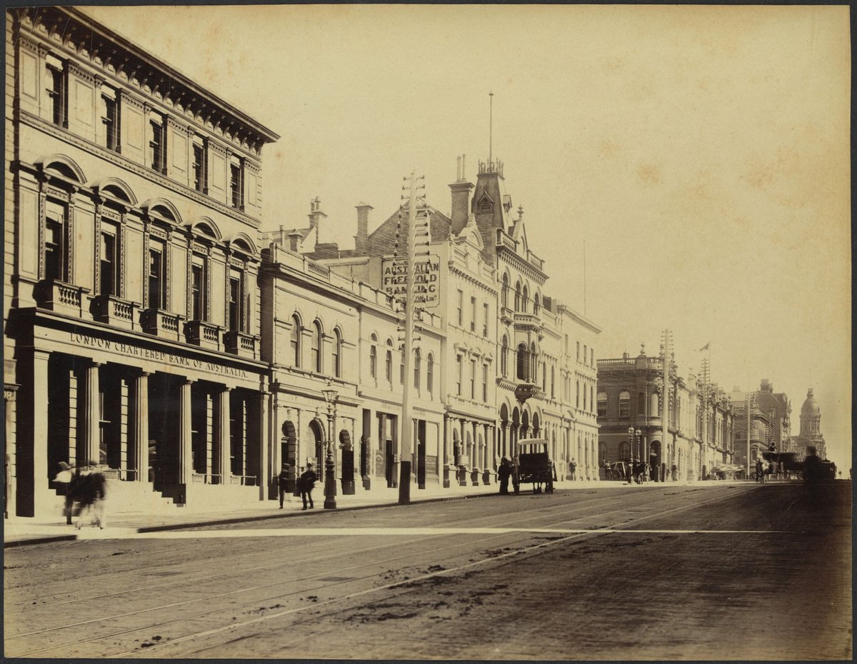View of Collins Street West, south side showing London Chartered Bank of Australia, Australian Freehold Banking Corporation, Land Credit Bank of Australasia, Melbourne City (1888?)
