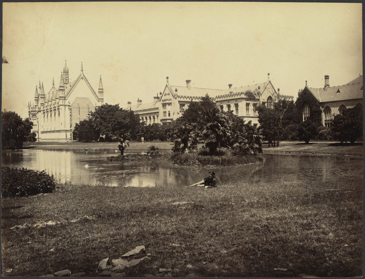 Wilson Hall, lake, grounds and other buildings of Melbourne University, Parkville (1888?)