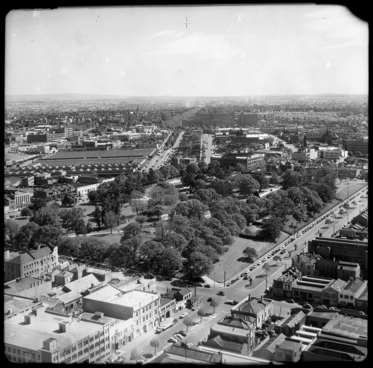 Looking over the Flagstaff Gardens and King Street, Melbourne City (1938)