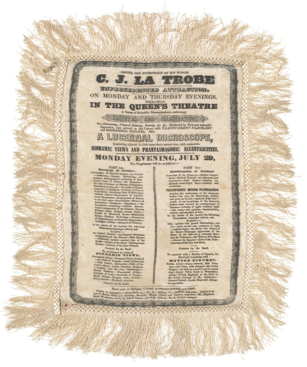 Silk programme for a series of scientific demonstrations of lectures and illustrations in the Queens Theatre, Melbourne (1849)