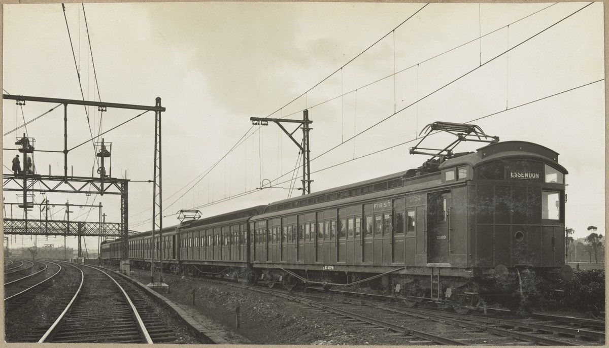 The first electric train. First trial on Flemington Racecourse Line. Sunday.6.10.1918. Electric Train.6.Cars
