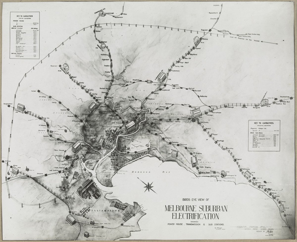 BIRDS EYE VIEW OF MELBOURNE SUBURBAN ELECTRIFICATION SHOWING POWER HOUSE. TRANSMISSION & SUB STATIONS (1905–28)
