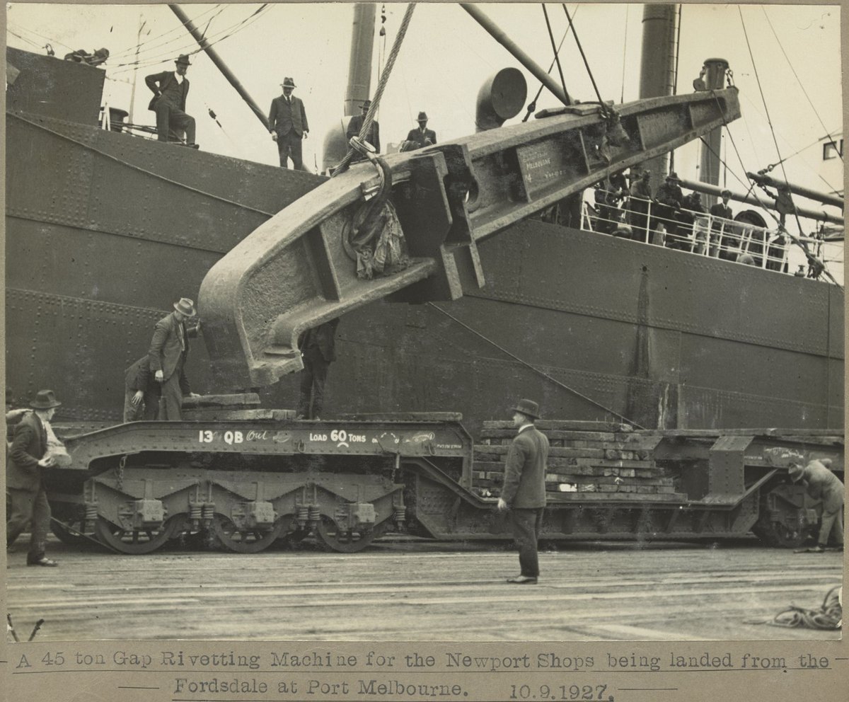 45 ton Gap Rivetting Machine for the Newport Shops being landed from the Fordsdale at Port Melbourne (1927)