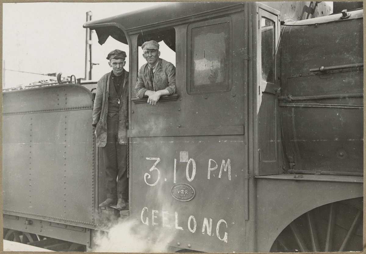 First train from new country platform Spencer St. [Close-up of driver and assistant in engine.], Melbourne City (1923)