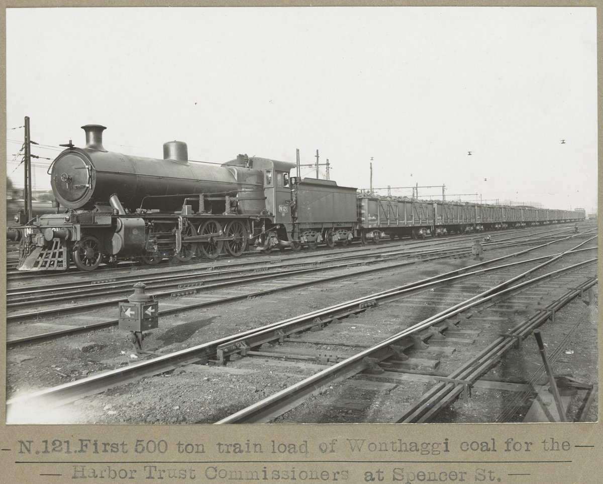 N.121.First 500 ton train load of Wonthaggi coal for the Harbor Trust Commissioners at Spencer St, Melbourne City (1928)
