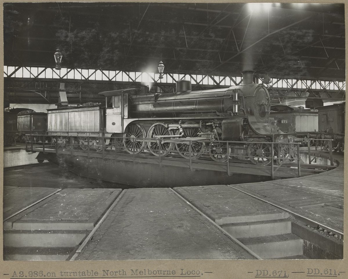 A2.986.on turntable North Melbourne Loco. [Two engines pictured.] DD.671. DD.611 (c. 1915)