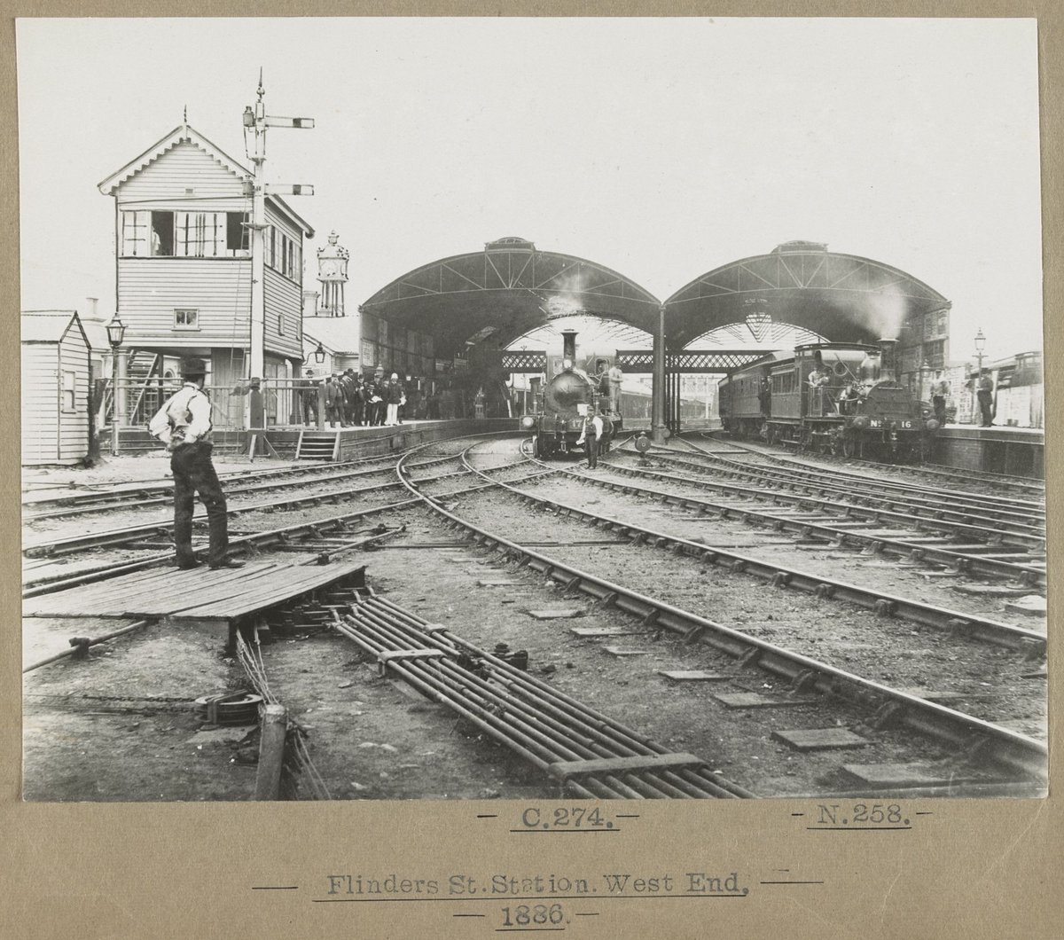 C.274. N.258. [Two trains] Flinders St.Station.West End.1886, Melbourne City