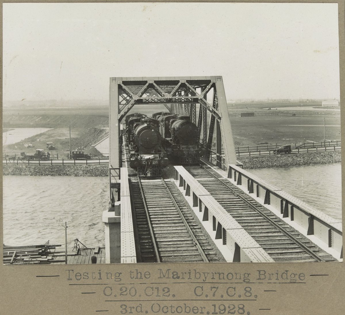 Testing the Maribyrnong Bridge. C.20., C.12., C.7. and C.8 (1928)