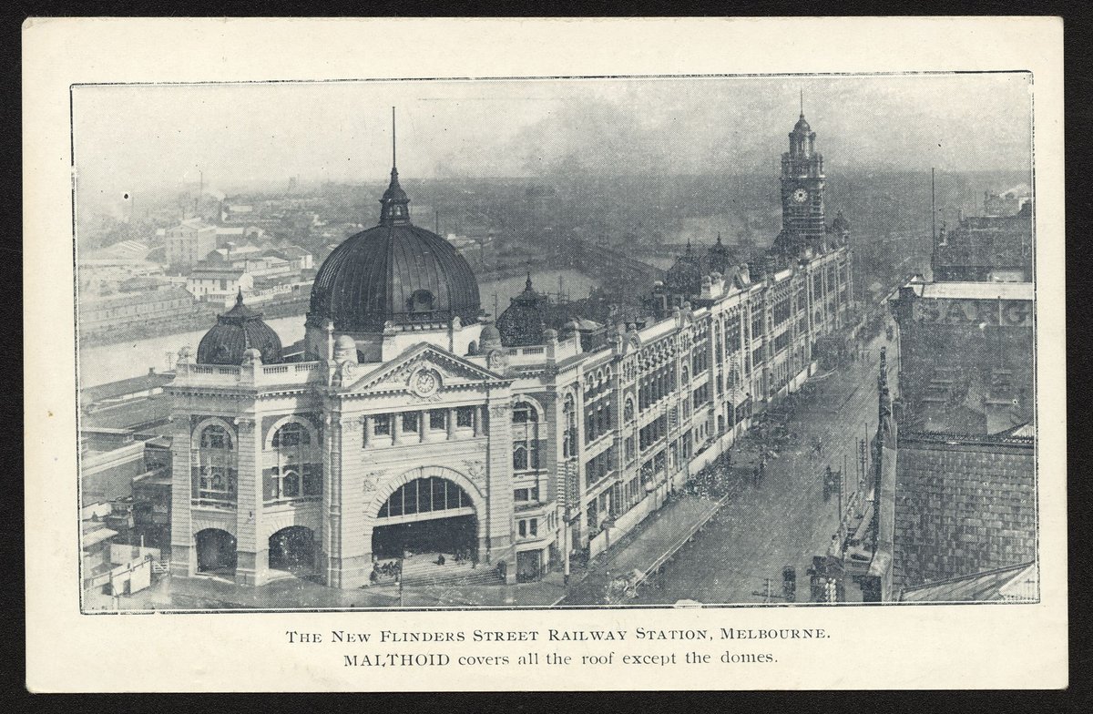 The New Flinders Street Railway Station, Melbourne. MALTHOID covers all the roof except the domes, Melbourne City (c. 1914)