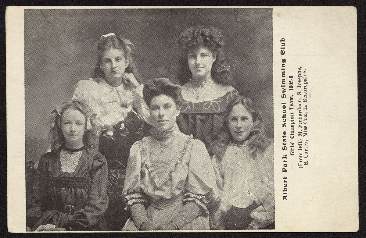 Albert Park State School Swimming Club. Girls' Champion Team, 1905-6 (From left) M. Richardson, S. Josephs, S. Carter, Miss Cox, L. Beaurepaire (1905–06)