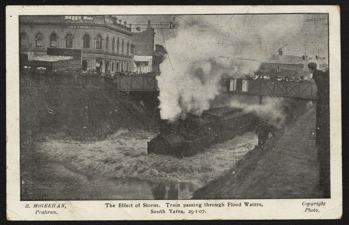 The Effect of Storm. Train passing through Flood Waters, South Yarra, 25-1-07 (c. 1907)