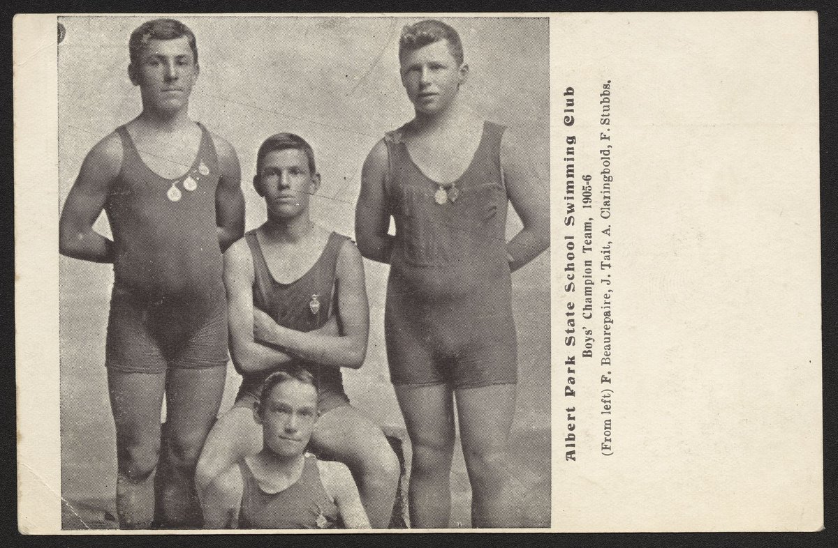 Albert Park State School Swimming Club. Boy's Champion Team, 1905-6 (from left) F. Beaurepaire, J. Tait, A. Claringbold, F. Stubbs (1905–06)