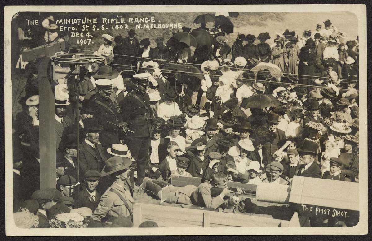 THE FIRST SHOT. THE MINIATURE RIFLE RANGE. Errol St. S. S. 1402 N. Melbourne Dec 4 1907 (c. 1907)