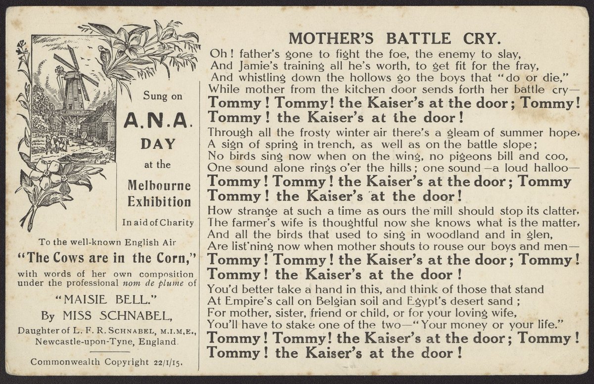 MOTHER'S BATTLE CRY. Sung on A.N.A. DAY at the Melbourne Exhibition (c. 1915)