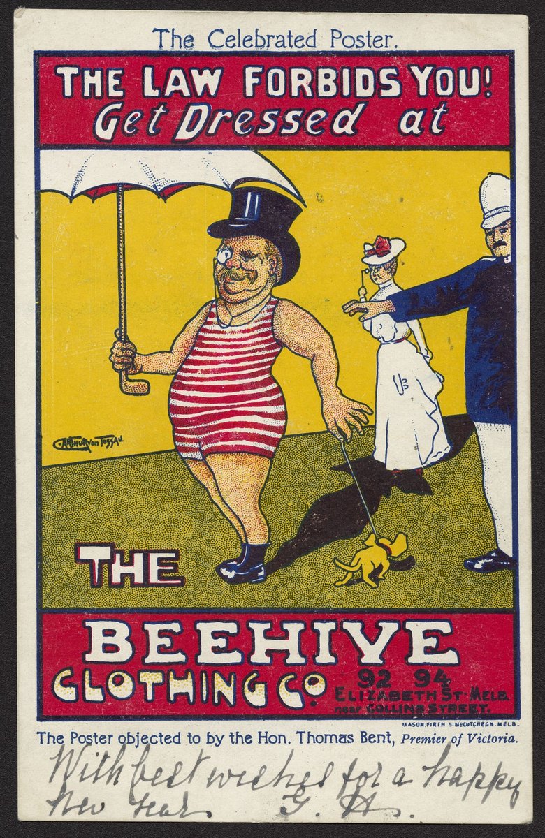 The Law Forbids You! Get Dressed at The Beehive Clothing Co.92-94 Elizabeth St. Melb. near Collins Street, Melbourne City (c. 1903)