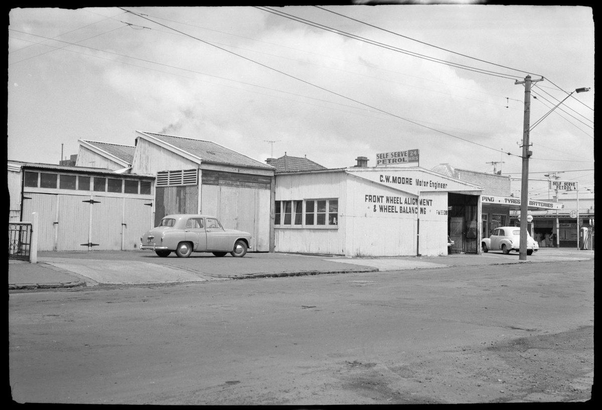 View looking west, south side of Moreland Road towards corner of Nicholson Street, Coburg (1945–55)