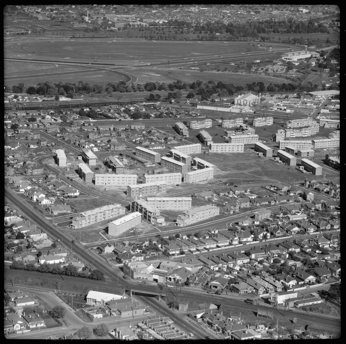 Aerial views of new housing commission residences in Ascot Vale, Victoria, looking south (1954)