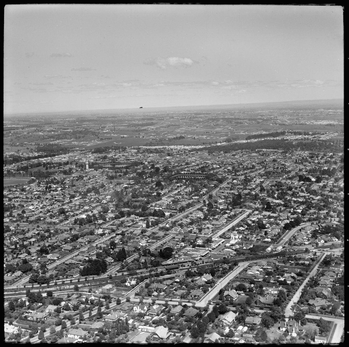 Aerial view of Mont Albert and Box Hill, Victoria, looking south (1950)