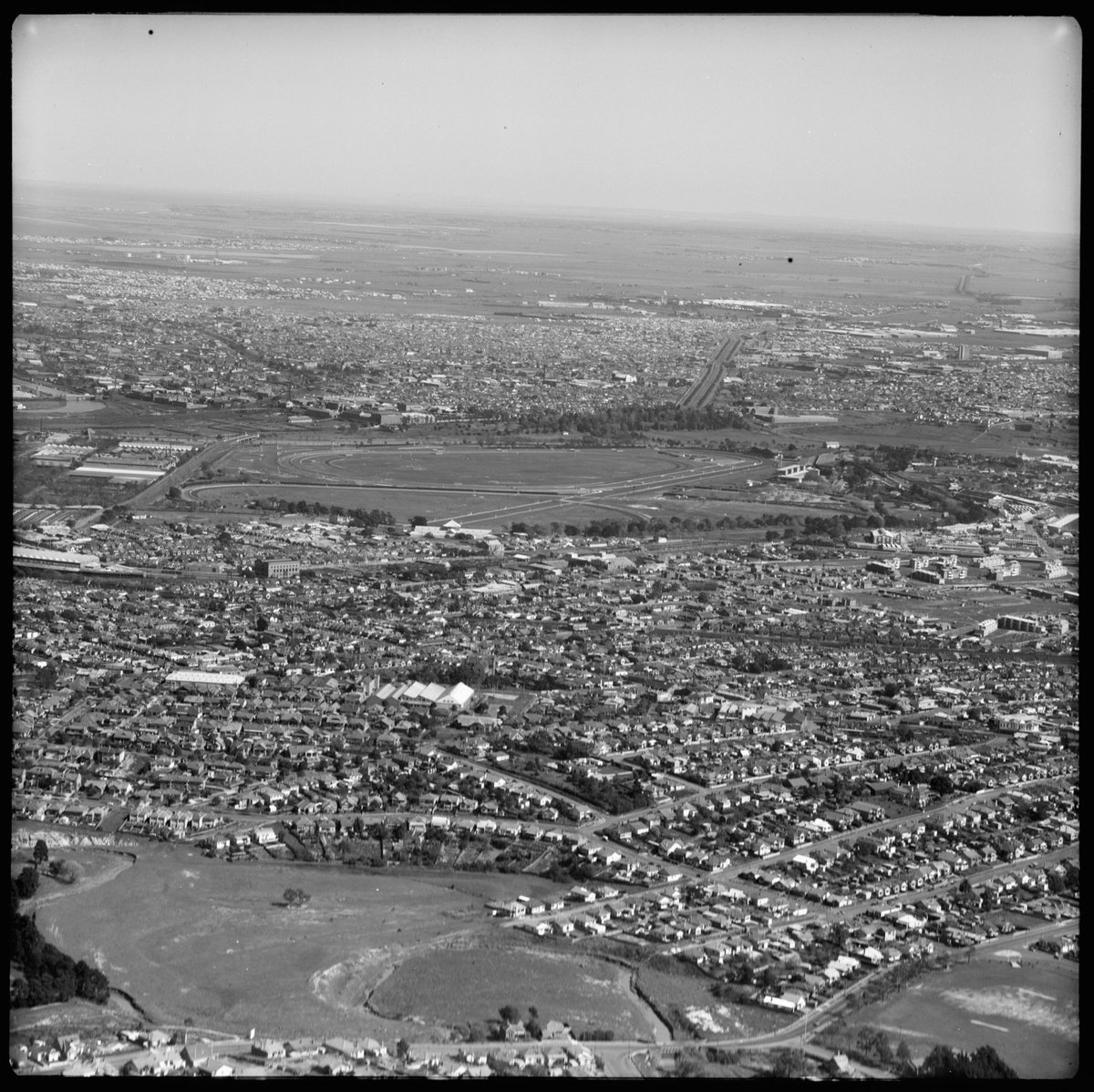 Aerial view of Moonee Ponds and Ascot Vale, looking west (1952)