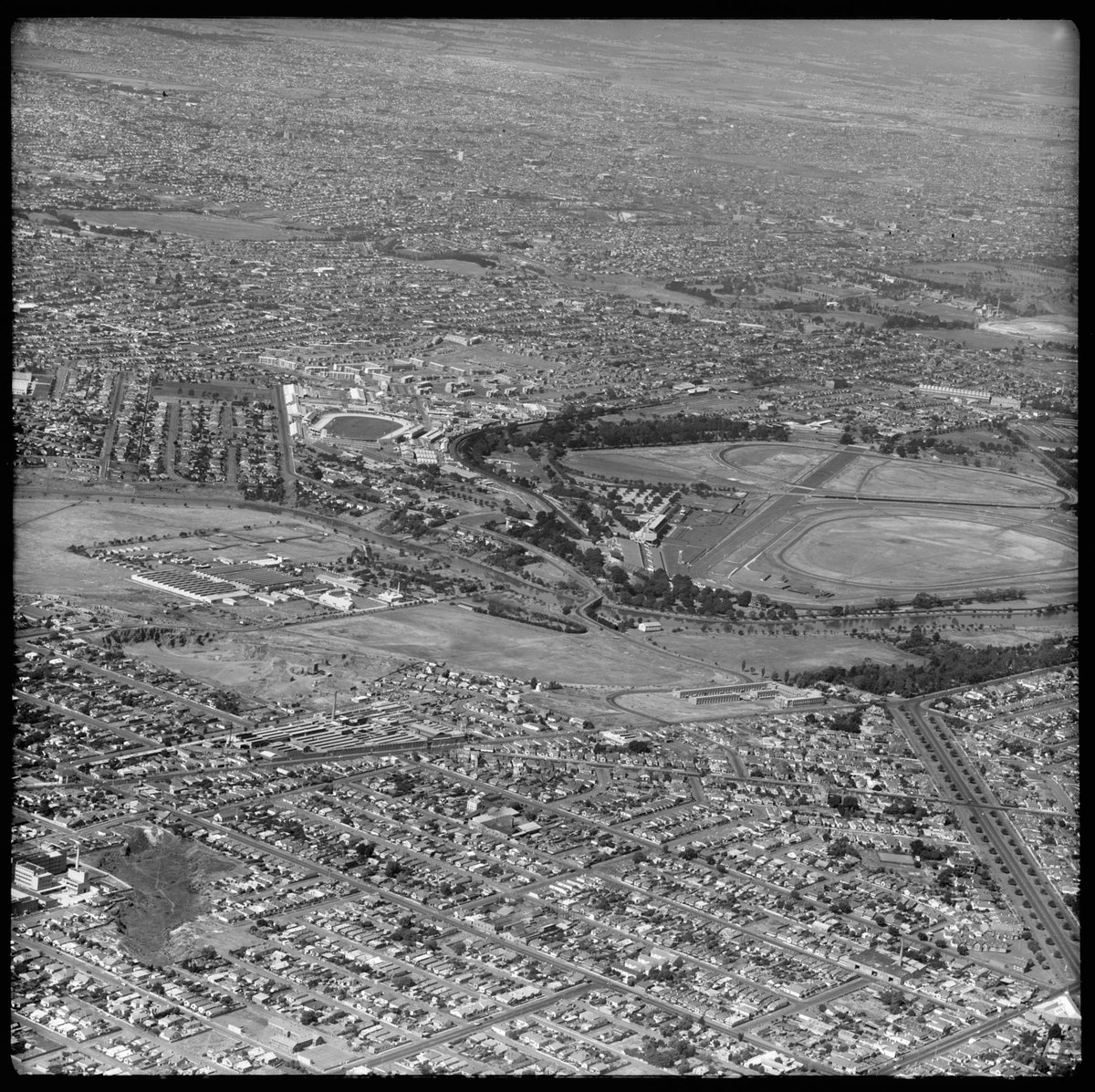 Aerial view of Footscray and Ascot Vale, Victoria, looking east (1953)