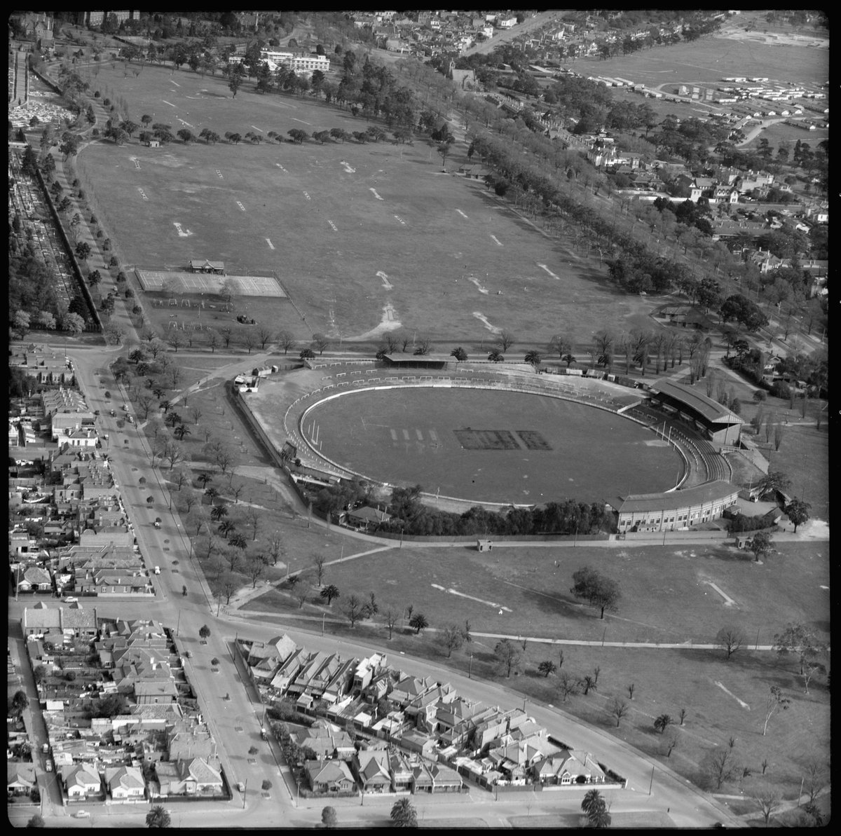 Aerial views of Carlton, Victoria, looking north (1952)