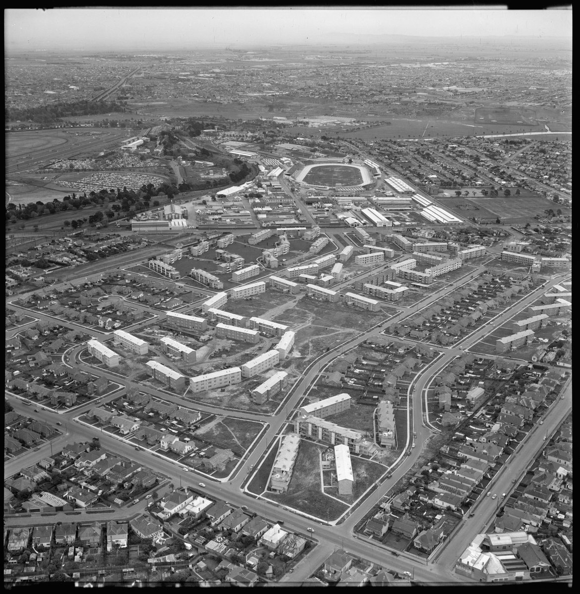 Aerial views of new housing commission residences in Ascot Vale, Victoria, looking south (1954)