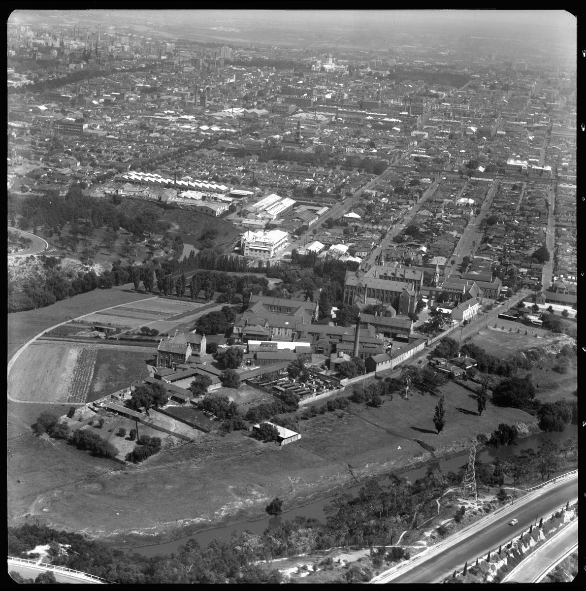Aerial view of the Good Shepherd Convent, Clifton Hill, Victoria, looking west (1951)