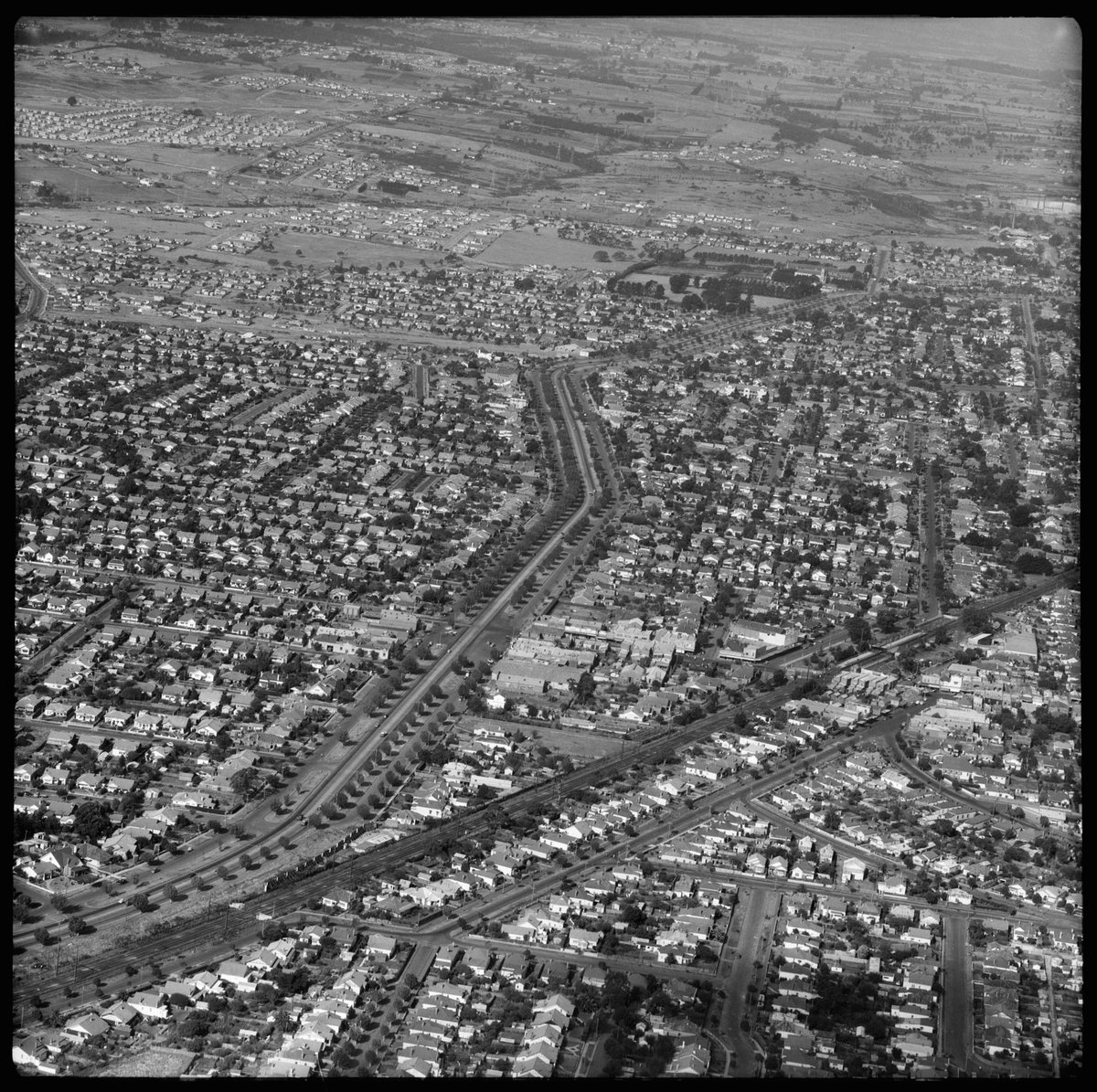Aerial view of Dandenong Road at Carnegie, looking east (1953)